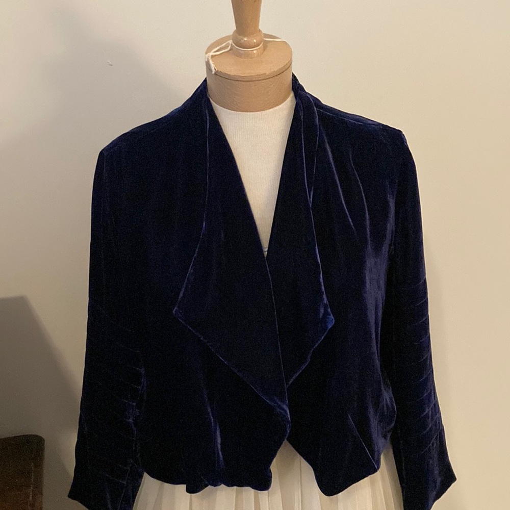 Elizabeth and James Velvet Draped Jacket with Gold Embroidery Scarab.